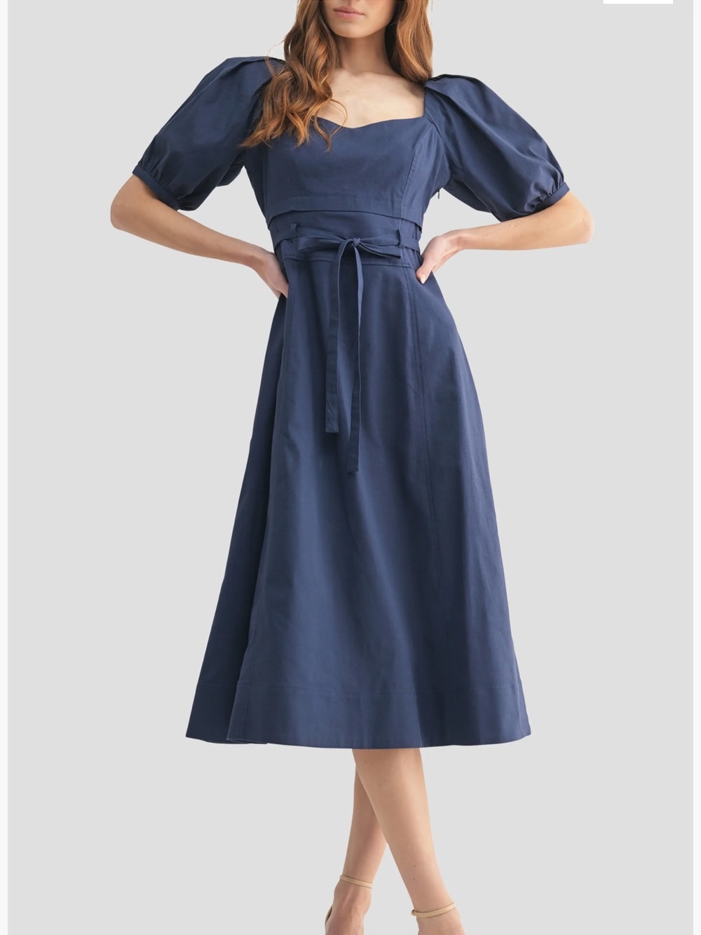 Mila Mae Puff Sleeve Tie Waist Midi Dress In Navy Size M